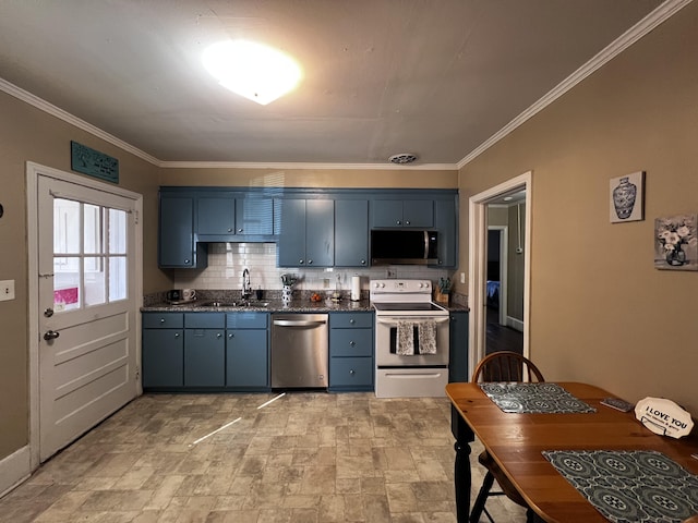 kitchen with a sink, blue cabinetry, appliances with stainless steel finishes, crown molding, and decorative backsplash