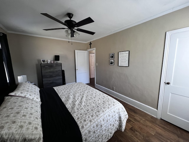 bedroom with ceiling fan, dark wood-type flooring, baseboards, and ornamental molding