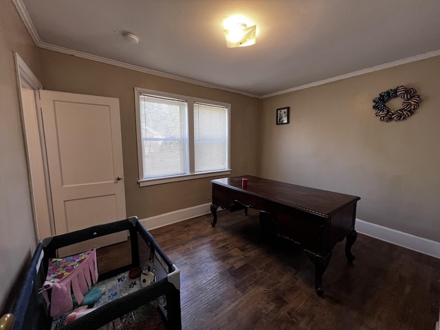 office with baseboards, wood finished floors, and ornamental molding