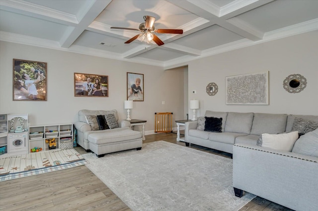 living room featuring beam ceiling, hardwood / wood-style floors, and coffered ceiling