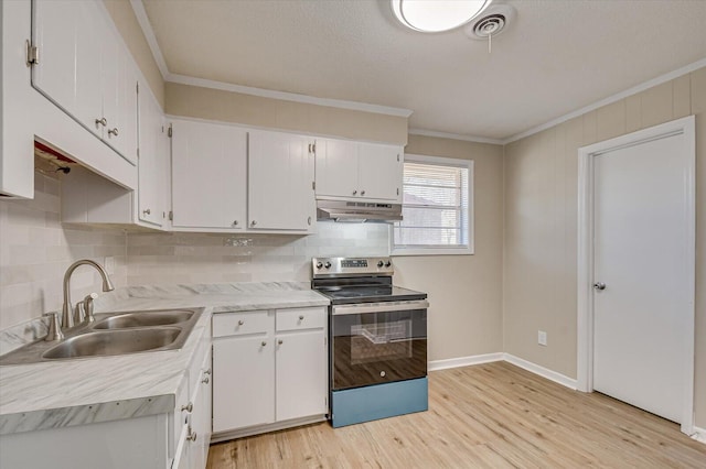 kitchen with sink, white cabinetry, ornamental molding, and stainless steel electric range