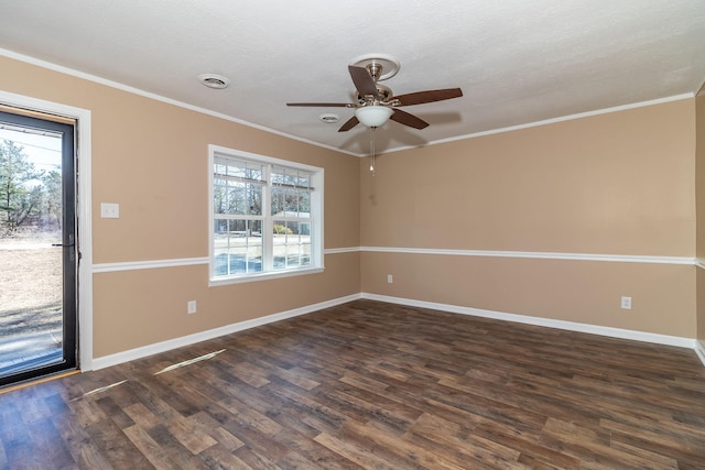 unfurnished room with dark hardwood / wood-style flooring, crown molding, and ceiling fan