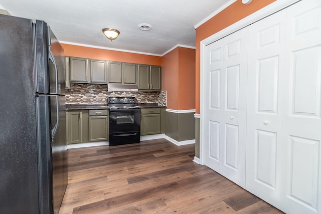 kitchen with tasteful backsplash, dark hardwood / wood-style floors, crown molding, and black appliances