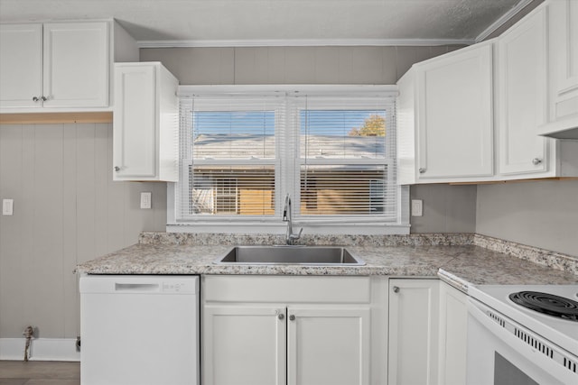 kitchen with white cabinets, ornamental molding, wooden walls, sink, and dishwasher