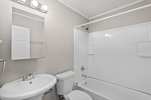 full bathroom featuring shower / bath combination, ornamental molding, a textured ceiling, sink, and toilet