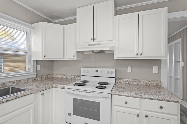 kitchen with white cabinets, sink, white electric stove, ornamental molding, and light stone counters