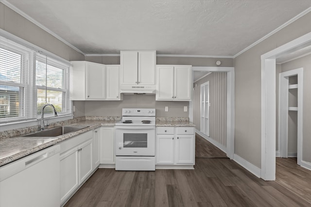 kitchen featuring ornamental molding, white appliances, dark wood-type flooring, sink, and white cabinets