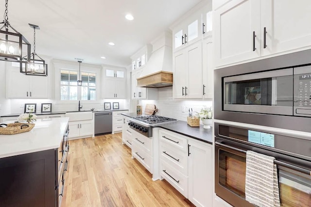 kitchen with premium range hood, appliances with stainless steel finishes, decorative backsplash, and white cabinets