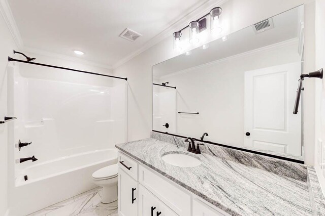 full bath featuring toilet, marble finish floor, visible vents, and crown molding