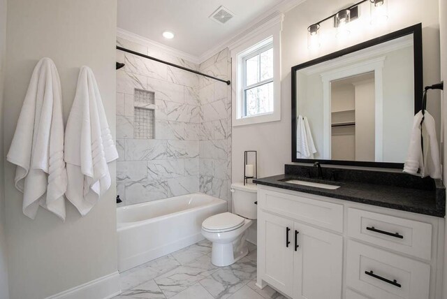 bathroom featuring marble finish floor, visible vents, toilet, ornamental molding, and vanity