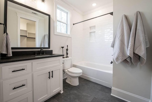 full bathroom featuring toilet, visible vents, vanity, shower / washtub combination, and crown molding