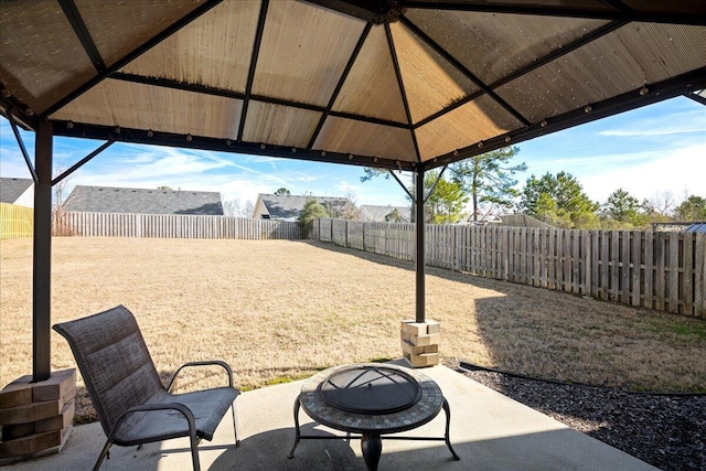 view of patio featuring a fenced backyard and a fire pit