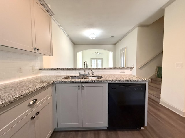714 Buddy Ct, Grovetown, GA 30813 - kitchen with black dishwasher, a peninsula, backsplash, dark wood finished floors, and crown molding