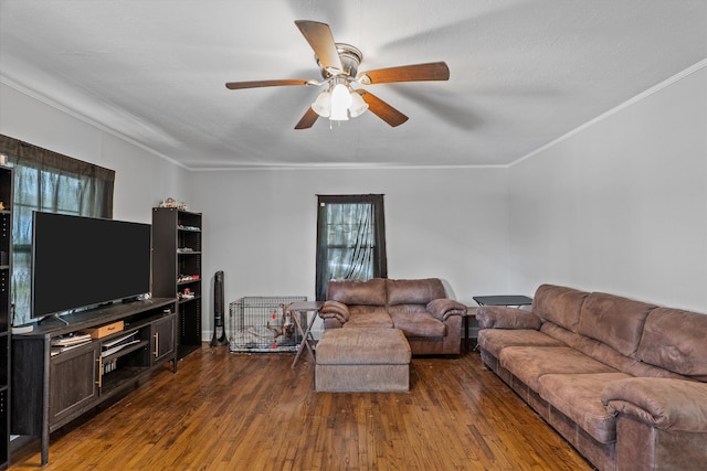 102 Oak St, Washington, GA 30673 - living area featuring ceiling fan, plenty of natural light, dark wood-style flooring, and ornamental molding