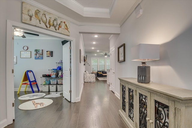 2020 Sinclair Dr, Grovetown, GA 30813 - hall featuring dark wood-style flooring, ornamental molding, baseboards, and recessed lighting