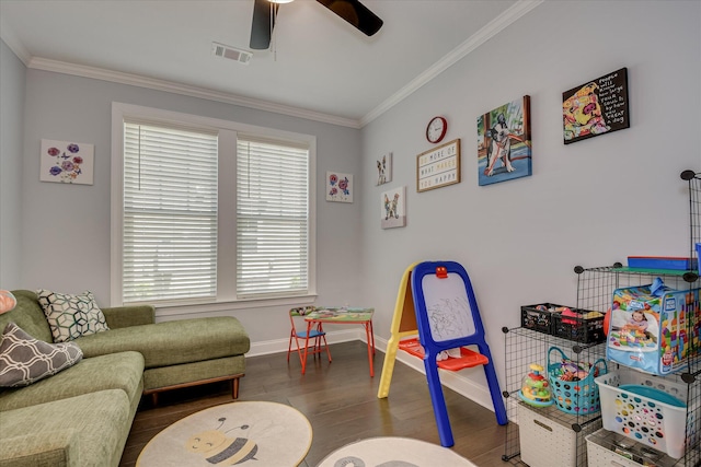2020 Sinclair Dr, Grovetown, GA 30813 - playroom featuring baseboards, ceiling fan, crown molding, and wood finished floors