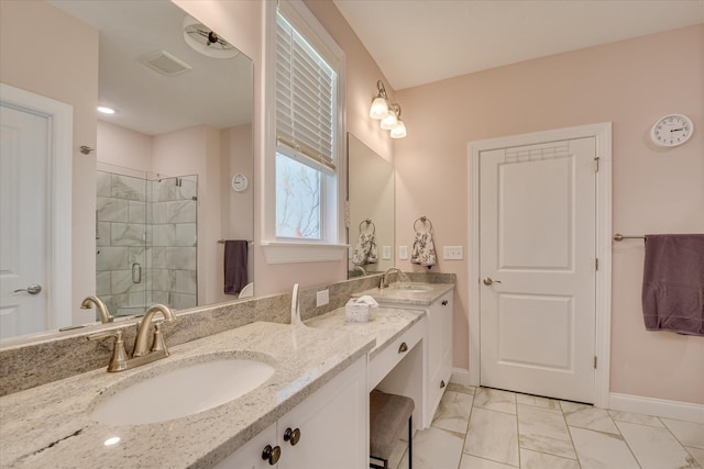 2020 Sinclair Dr, Grovetown, GA 30813 - bathroom featuring double vanity, baseboards, a shower stall, and marble look tiles
