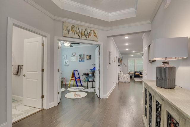 2020 Sinclair Dr, Grovetown, GA 30813 - hallway featuring ornamental molding, dark wood-style flooring, baseboards, recessed lighting, and a raised ceiling
