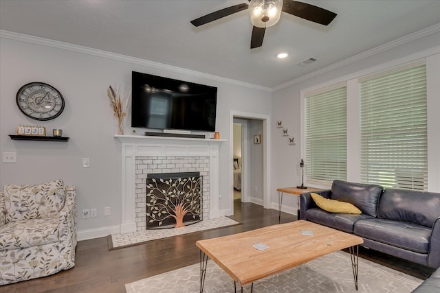 2020 Sinclair Dr, Grovetown, GA 30813 - living area featuring a ceiling fan, ornamental molding, wood finished floors, baseboards, and a fireplace