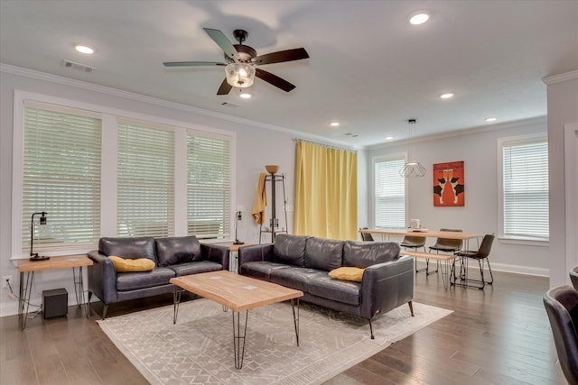 2020 Sinclair Dr, Grovetown, GA 30813 - living area featuring ceiling fan, ornamental molding, wood-type flooring, baseboards, and recessed lighting