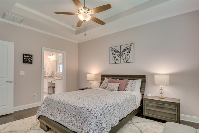 2020 Sinclair Dr, Grovetown, GA 30813 - bedroom with dark wood finished floors, baseboards, crown molding, a raised ceiling, and ceiling fan