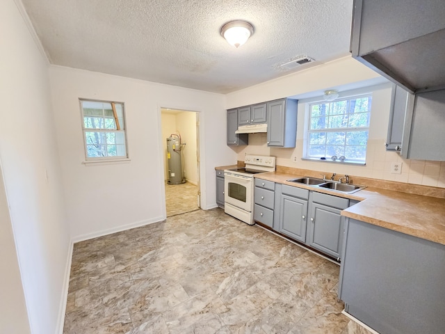 kitchen with sink, electric range, gray cabinets, a textured ceiling, and water heater