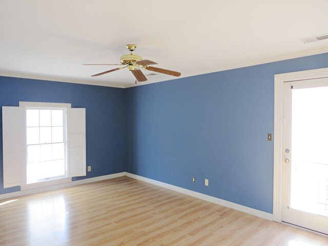 empty room featuring ceiling fan, plenty of natural light, and light wood-type flooring