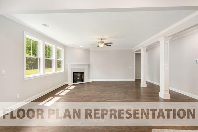 unfurnished living room with crown molding, ceiling fan, dark hardwood / wood-style floors, a premium fireplace, and ornate columns