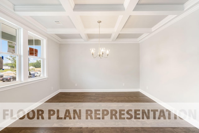 unfurnished room with beamed ceiling, ornamental molding, coffered ceiling, and a notable chandelier