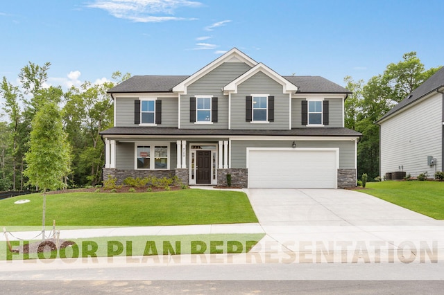 craftsman inspired home with cooling unit, a front lawn, and a garage