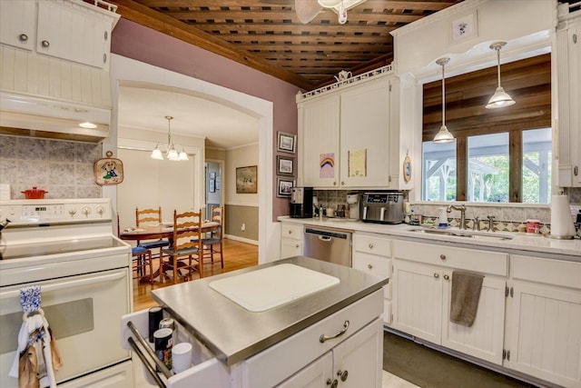889 Woodhaven St, North, SC 29112 - kitchen featuring white electric range, stainless steel dishwasher, extractor fan, backsplash, and hanging light fixtures