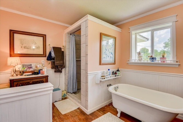 889 Woodhaven St, North, SC 29112 - full bath with wood finished floors, wainscoting, a shower stall, ornamental molding, and a freestanding bath