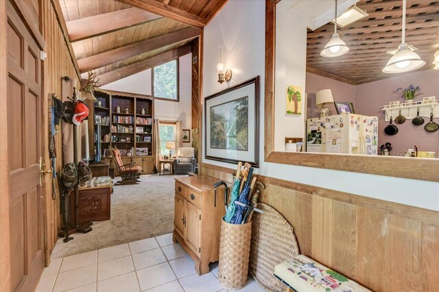 889 Woodhaven St, North, SC 29112 - living area featuring light colored carpet, wooden ceiling, light tile patterned floors, and high vaulted ceiling