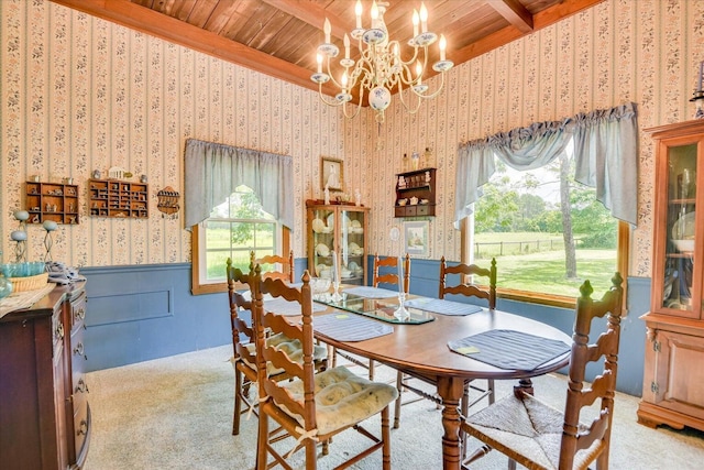 889 Woodhaven St, North, SC 29112 - dining space featuring wainscoting, wallpapered walls, a wooden ceiling with exposed beams, carpet flooring, and a chandelier