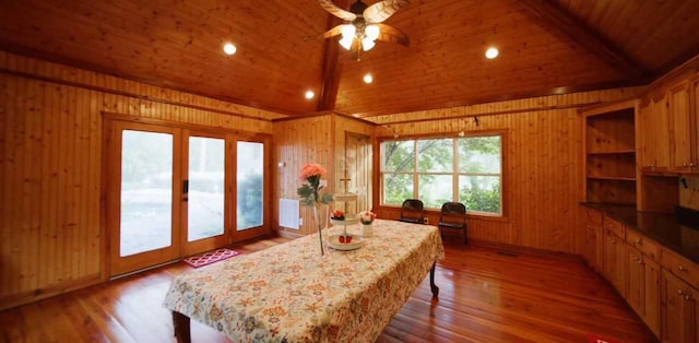 3507 Lost Tree Ln, Martinez, GA 30907 - dining space featuring wood ceiling, light wood-type flooring, lofted ceiling, wood walls, and ceiling fan