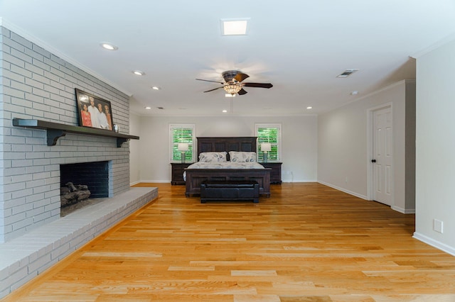 3507 Lost Tree Ln, Martinez, GA 30907 - living room with ceiling fan, ornamental molding, a fireplace, baseboards, and light wood finished floors