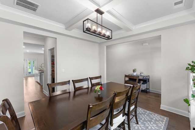 dining space with dark wood-style floors, coffered ceiling, beamed ceiling, baseboards, and a chandelier