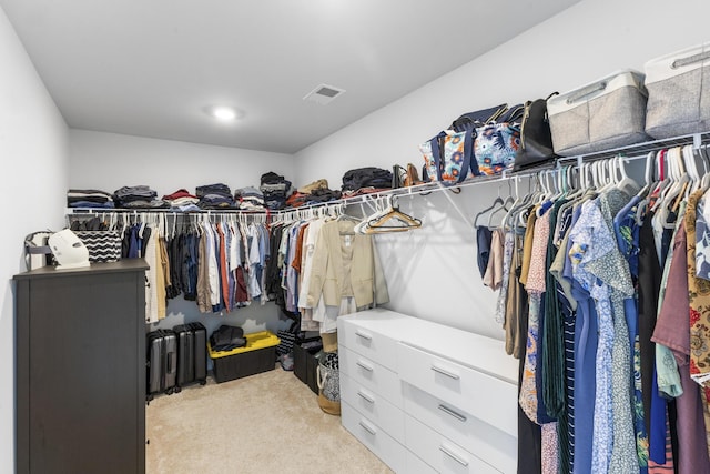 walk in closet with light carpet