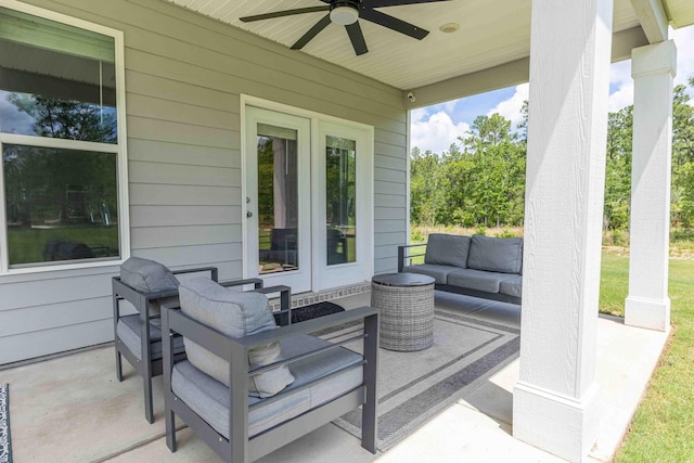view of patio / terrace featuring outdoor lounge area, ceiling fan, and french doors