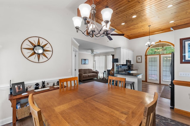 165 Indian Valley Ln, Swansea, SC 29160 - dining area with a chandelier, wooden ceiling, healthy amount of natural light, dark wood finished floors, and ceiling fan
