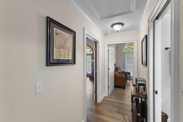 165 Indian Valley Ln, Swansea, SC 29160 - hallway featuring attic access, wood finished floors, crown molding, baseboards, and a tray ceiling
