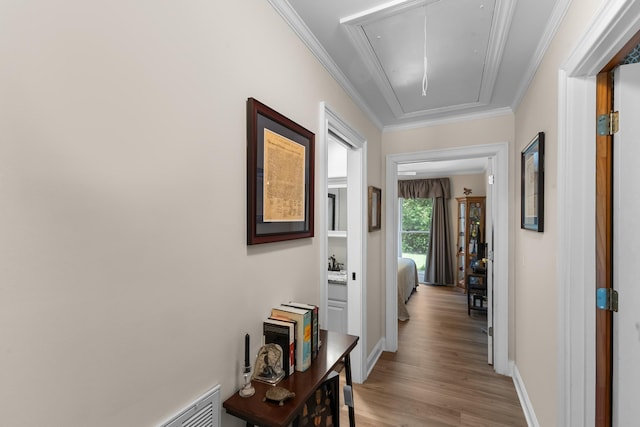 165 Indian Valley Ln, Swansea, SC 29160 - corridor featuring attic access, light wood finished floors, ornamental molding, and baseboards