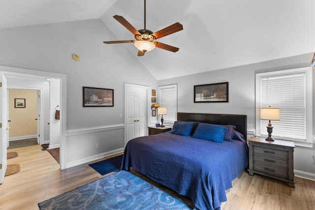 165 Indian Valley Ln, Swansea, SC 29160 - bedroom featuring high vaulted ceiling, wood finished floors, a ceiling fan, and baseboards