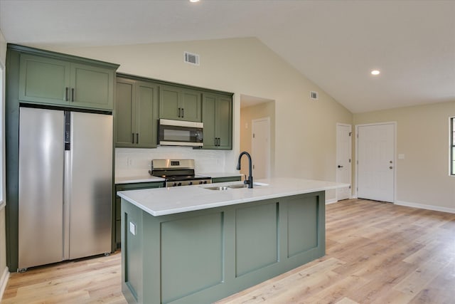 3022 Shady Ln, Hephzibah, GA 30815 - kitchen featuring stainless steel appliances, green cabinets, a sink, vaulted ceiling, and backsplash