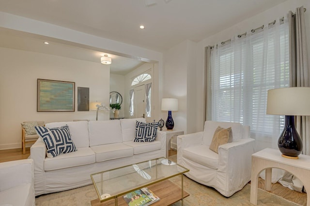 living room with electric panel, plenty of natural light, and hardwood / wood-style flooring