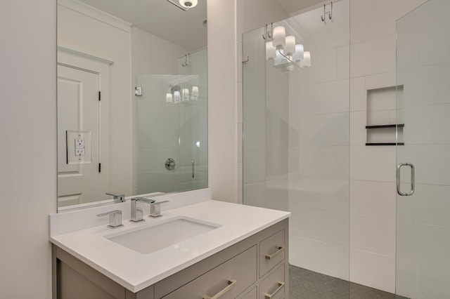 bathroom featuring vanity, walk in shower, and ornamental molding