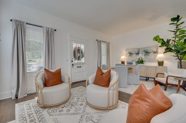 living room with crown molding and wood-type flooring