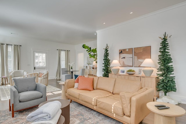 living room with hardwood / wood-style floors and ornamental molding