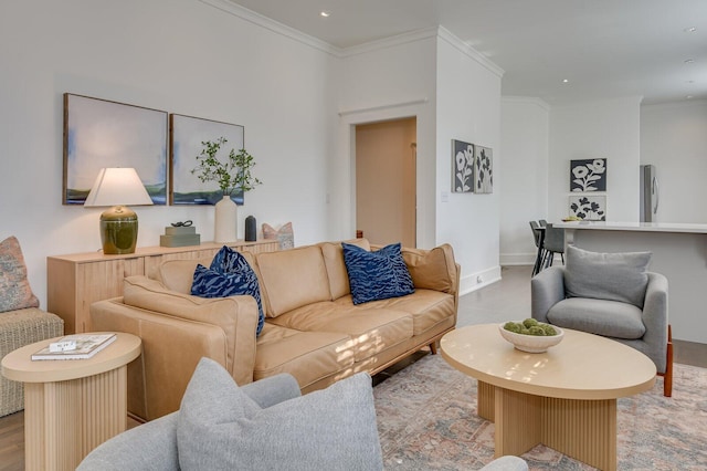 living room featuring crown molding