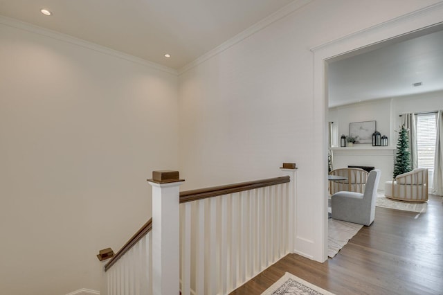 corridor featuring wood-type flooring and crown molding